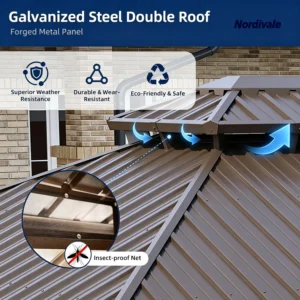 Nordivale 12x16FT Hardtop Gazebo Metal Pavilion Double Galvanized Steel Roof with Netting Curtains for Lawn Garden Patio Brown