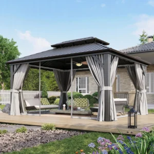 Nordivale 12x16FT Hardtop Gazebo Metal Pavilion Double Galvanized Steel Roof with Netting Curtains for Lawn Garden Patio Brown