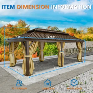 12×20 Hardtop Gazebo with Metal Roof, Heavy Duty Galvanized Steel Gazebo with Reinforced Aluminum Frame, Flame-Resistant Curtain