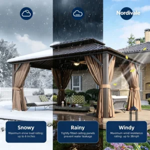 Nordivale 12x16FT Hardtop Gazebo Metal Pavilion Double Galvanized Steel Roof with Netting Curtains for Lawn Garden Patio Brown