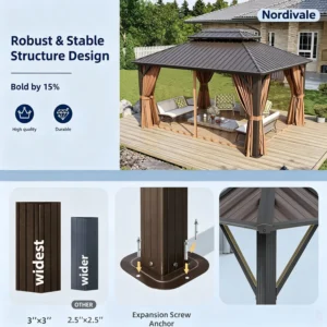 Nordivale 12x16FT Hardtop Gazebo Metal Pavilion Double Galvanized Steel Roof with Netting Curtains for Lawn Garden Patio Brown