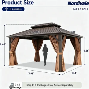 Nordivale 12x16FT Hardtop Gazebo Metal Pavilion Double Galvanized Steel Roof with Netting Curtains for Lawn Garden Patio Brown