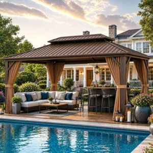 Nordivale 12x16FT Hardtop Gazebo Metal Pavilion Double Galvanized Steel Roof with Netting Curtains for Lawn Garden Patio Brown