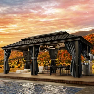12×20 Hardtop Gazebo with Metal Roof, Heavy Duty Galvanized Steel Gazebo with Reinforced Aluminum Frame, Flame-Resistant Curtain