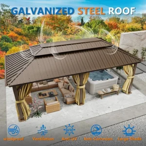 12×20 Hardtop Gazebo with Metal Roof, Heavy Duty Galvanized Steel Gazebo with Reinforced Aluminum Frame, Flame-Resistant Curtain