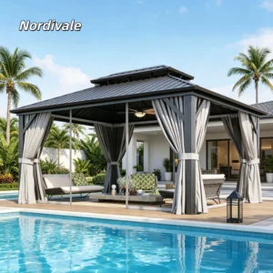 Nordivale 12x16FT Hardtop Gazebo Metal Pavilion Double Galvanized Steel Roof with Netting Curtains for Lawn Garden Patio Brown