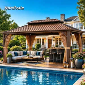 Nordivale 12x16FT Hardtop Gazebo Metal Pavilion Double Galvanized Steel Roof with Netting Curtains for Lawn Garden Patio Brown