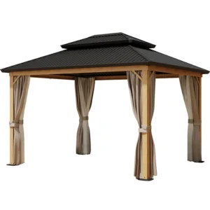 10x12ft Ready to Ship Double Metal Roof Wood Grain Coated Patio Hardtop Gazebo With Curtain for Outdoor Garden Deck Parties