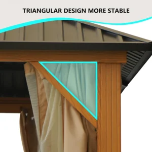 10x12ft Ready to Ship Double Metal Roof Wood Grain Coated Patio Hardtop Gazebo With Curtain for Outdoor Garden Deck Parties