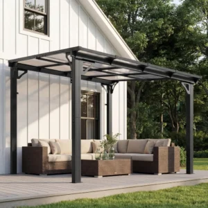 10'x8' Wall-Mounted Lean-To Gazebo, Aluminum Frame & Polycarbonate Hardtop with Sloped Roof, Outdoor Patio Pergola, Customized