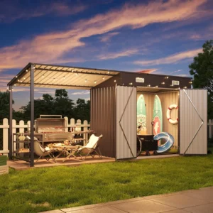 Outdoor Storage Shed & Gazebo Combo, 6x4FT Metal Lean-to Shed with Pergola, Garden Patio Backyard, 12x4FT, Custom