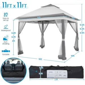 11x11 Pop Up Gazebo Canopy Instant Sun Shade Tent 4 Sandbags 2 Tier Roof Mesh Netting Lawn Garden Deck, Custom
