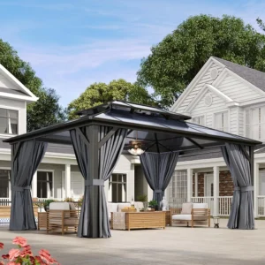Aluminum Frame Hardtop Gazebo with Curtains & Netting Polycarbonate Double Roof for Garden Lawn Patio, Custom