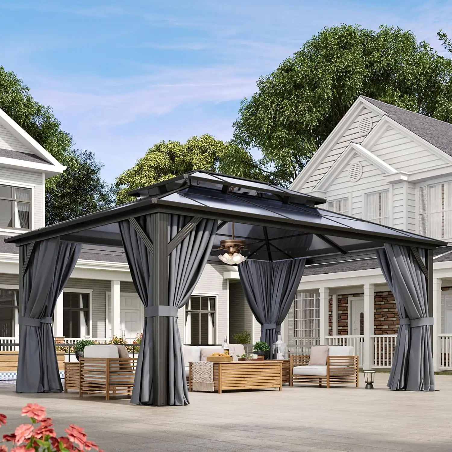 Aluminum Frame Hardtop Gazebo with Curtains & Netting Polycarbonate Double Roof for Garden Lawn Patio, Custom - Image 7