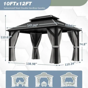 10'x12' Gazebo Hardtop Gazebo, Aluminum Pergola with Double Galvanized Steel Roof, Permanent Outdoor Metal Canopy with, Custom