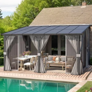 14' x 10' Gazebo for Patio, Hard Top Lean to Gazebo Pergola with Curtains and Mosquito Netting, Large Wall-Mounted, Customized