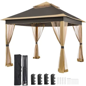 11x11 Pop Up Gazebo Canopy Instant Sun Shade Tent 4 Sandbags 2 Tier Roof Mesh Netting Lawn Garden Deck, Custom