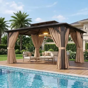 Aluminum Frame Hardtop Gazebo with Curtains & Netting Polycarbonate Double Roof for Garden Lawn Patio, Custom