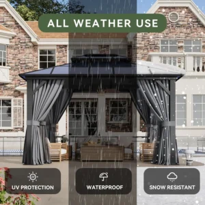 10'x12' Hardtop Gazebo, Aluminum Frame Permanent Pavilion with Curtains and Netting, Outdoor Polycarbonate Double Roof, Custom