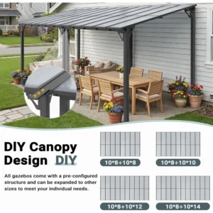 10'x8' Wall-Mounted Lean-To Gazebo, Aluminum Frame & Polycarbonate Hardtop with Sloped Roof, Outdoor Patio Pergola, Customized