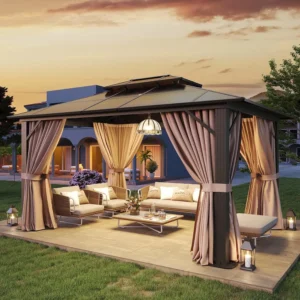 10'x12' Hardtop Gazebo, Aluminum Frame Permanent Pavilion with Curtains and Netting, Outdoor Polycarbonate Double Roof, Custom