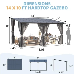 14x10 Lean-to Hardtop Gazebo Curtains & Netting Wall Patio Deck Backyard, Custom