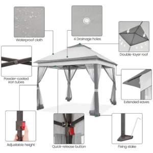 11x11 Pop Up Gazebo Canopy Instant Sun Shade Tent 4 Sandbags 2 Tier Roof Mesh Netting Lawn Garden Deck, Custom