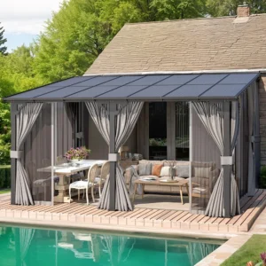14' x 10' Gazebo for Patio, Hard Top Lean to Gazebo Pergola with Curtains and Mosquito Netting, Large Wall-Mounted, Customized