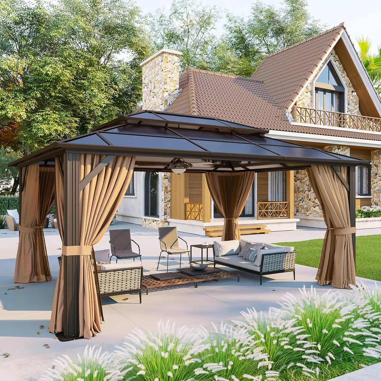 Aluminum Frame Hardtop Gazebo with Curtains & Netting Polycarbonate Double Roof for Garden Lawn Patio, Custom - Image 10