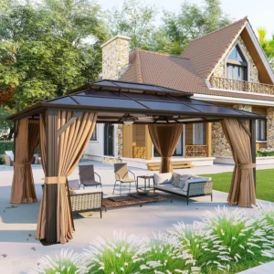 Aluminum Frame Hardtop Gazebo with Curtains & Netting Polycarbonate Double Roof for Garden Lawn Patio, Custom