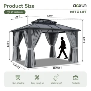 10'x12' Hardtop Gazebo, Aluminum Frame Permanent Pavilion with Curtains and Netting, Outdoor Polycarbonate Double Roof, Custom