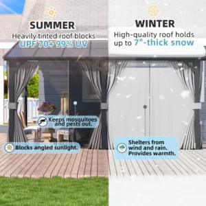 14' x 10' Gazebo for Patio, Hard Top Lean to Gazebo Pergola with Curtains and Mosquito Netting, Large Wall-Mounted, Customized