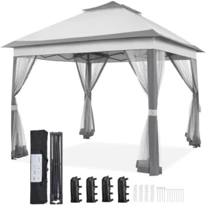 11x11 Pop Up Gazebo Canopy Instant Sun Shade Tent 4 Sandbags 2 Tier Roof Mesh Netting Lawn Garden Deck, Custom