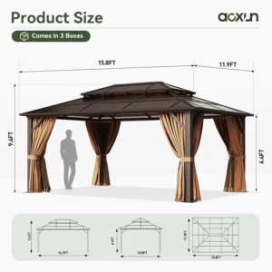 Aluminum Frame Hardtop Gazebo with Curtains & Netting Polycarbonate Double Roof for Garden Lawn Patio, Custom