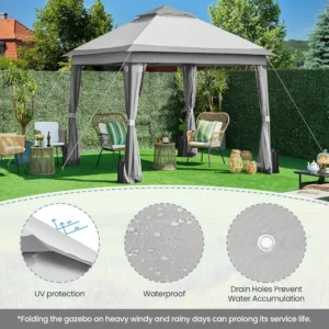 11x11 Pop Up Gazebo Canopy Instant Sun Shade Tent 4 Sandbags 2 Tier Roof Mesh Netting Lawn Garden Deck, Custom
