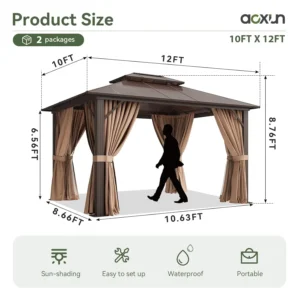 12x10 Hardtop Gazebo Aluminum Frame Polycarbonate Double Roof Curtains Netting Garden Lawn Patio Custom