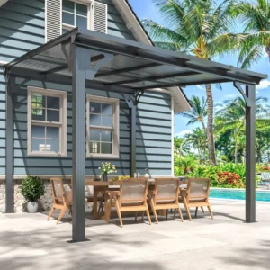 10'x8' Wall-Mounted Lean-To Gazebo, Aluminum Frame & Polycarbonate Hardtop with Sloped Roof, Outdoor Patio Pergola, Customized