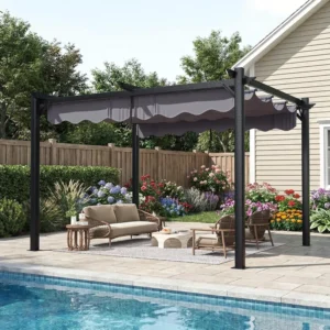 10'x12' Outdoor Pergola with Retractable Canopy, Patio Metal Heavy-Duty Gazebo Shelter for Backyard, Deck, Garden, Customized