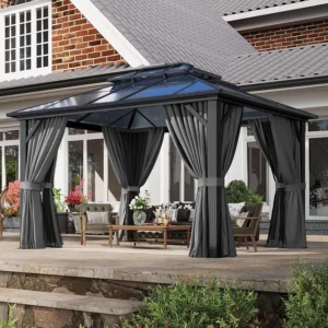 10'x12' Hardtop Gazebo, Aluminum Frame Permanent Pavilion with Curtains and Netting, Outdoor Polycarbonate Double Roof, Custom