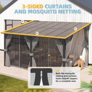 14' x 10' Gazebo for Patio, Hard Top Lean to Gazebo Pergola with Curtains and Mosquito Netting, Large Wall-Mounted, Customized