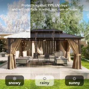 Aluminum Frame Hardtop Gazebo with Curtains & Netting Polycarbonate Double Roof for Garden Lawn Patio, Custom