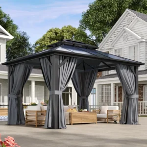 10'x12' Hardtop Gazebo, Aluminum Frame Permanent Pavilion with Curtains and Netting, Outdoor Polycarbonate Double Roof, Custom