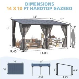 14' x 10' Gazebo for Patio, Hard Top Lean to Gazebo Pergola with Curtains and Mosquito Netting, Large Wall-Mounted, Customized