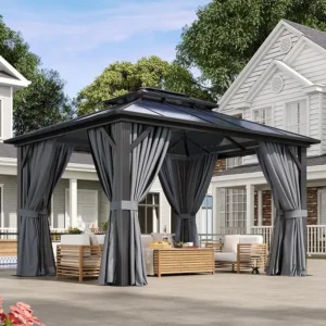 Aluminum Frame Hardtop Gazebo with Curtains & Netting Polycarbonate Double Roof for Garden Lawn Patio, Custom