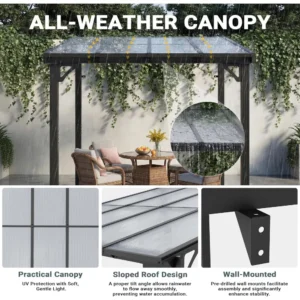 10'x8' Wall-Mounted Lean-To Gazebo, Aluminum Frame & Polycarbonate Hardtop with Sloped Roof, Outdoor Patio Pergola, Customized