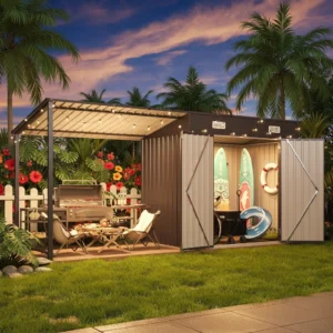 Outdoor Storage Shed & Gazebo Combo, 6x4FT Metal Lean-to Shed with Pergola, Garden Patio Backyard, 12x4FT, Custom