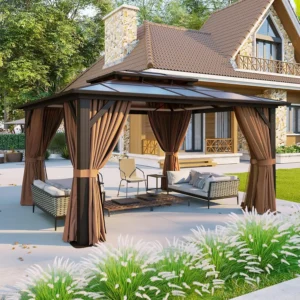 12x10 Hardtop Gazebo Aluminum Frame Polycarbonate Double Roof Curtains Netting Garden Lawn Patio Custom