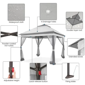 11x11 Pop Up Gazebo Canopy Instant Sun Shade Tent 4 Sandbags 2 Tier Roof Mesh Netting Lawn Garden Deck, Custom