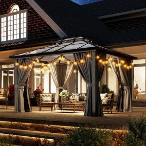 10'x12' Hardtop Gazebo, Aluminum Frame Permanent Pavilion with Curtains and Netting, Outdoor Polycarbonate Double Roof, Custom