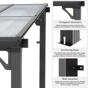10'x8' Wall-Mounted Lean-To Gazebo, Aluminum Frame & Polycarbonate Hardtop with Sloped Roof, Outdoor Patio Pergola, Customized